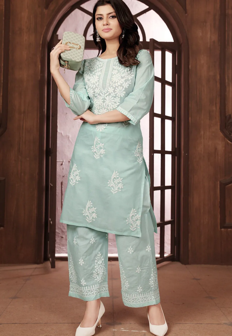 Chikankari Cotton Straight Kurta Set in Sea Green