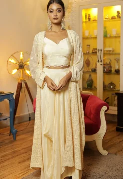 Chikankari Crepe Crop Top Set in Cream