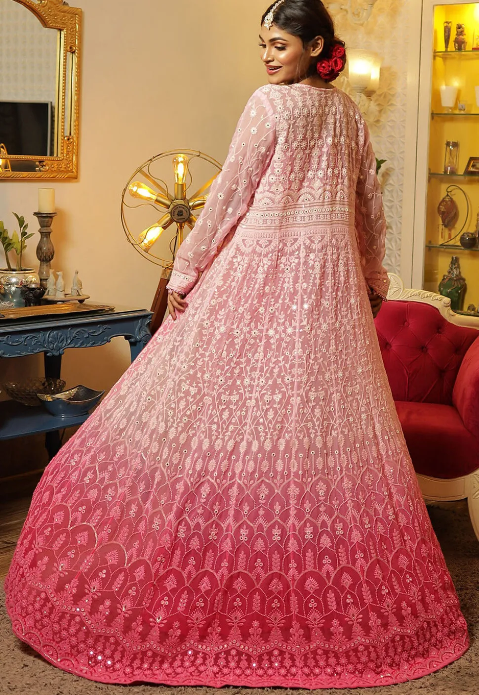 Chikankari Crepe Crop Top Set in Fuchsia