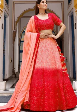 Chikankari Georgette Lehenga in Peach And Red
