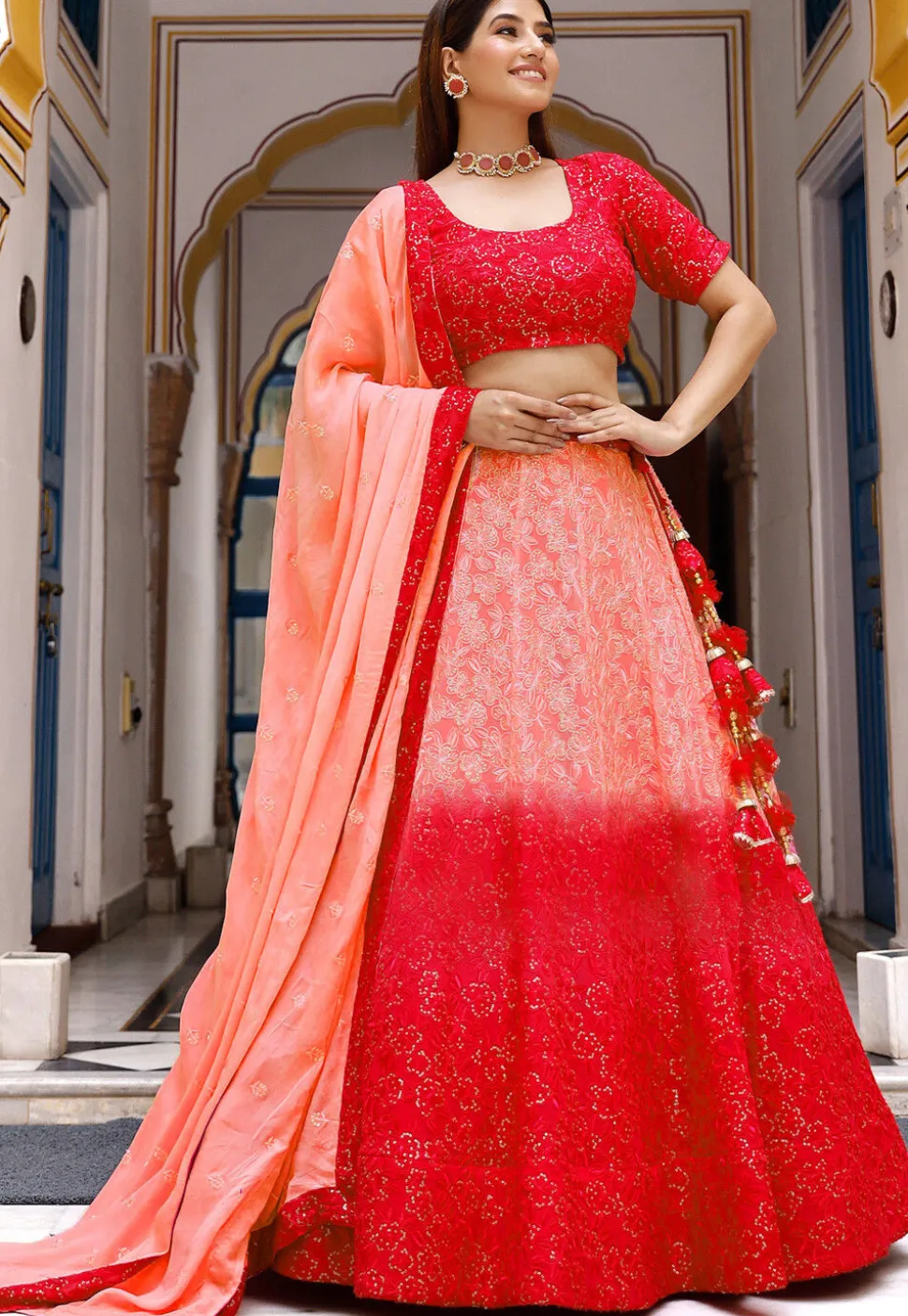 Chikankari Georgette Lehenga in Peach And Red