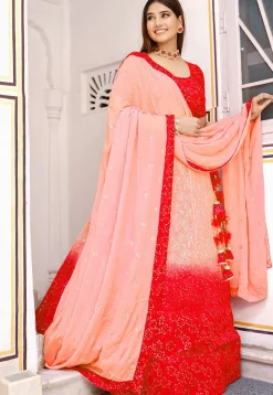 Chikankari Georgette Lehenga in Peach And Red