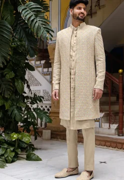 Chikankari Georgette Sherwani in Beige