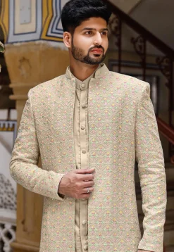 Chikankari Georgette Sherwani in Beige