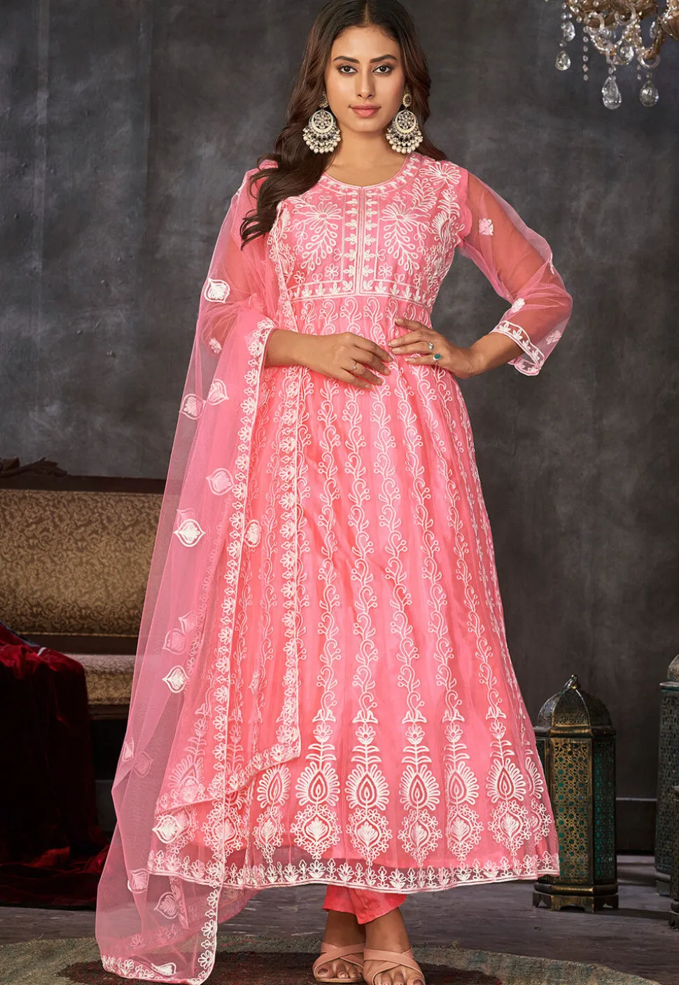 Chikankari Net Anarkali Suit in Peach