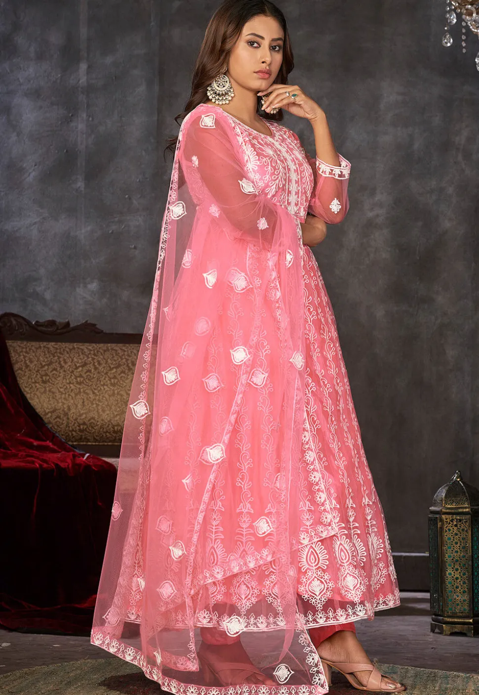 Chikankari Net Anarkali Suit in Peach