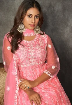 Chikankari Net Anarkali Suit in Peach