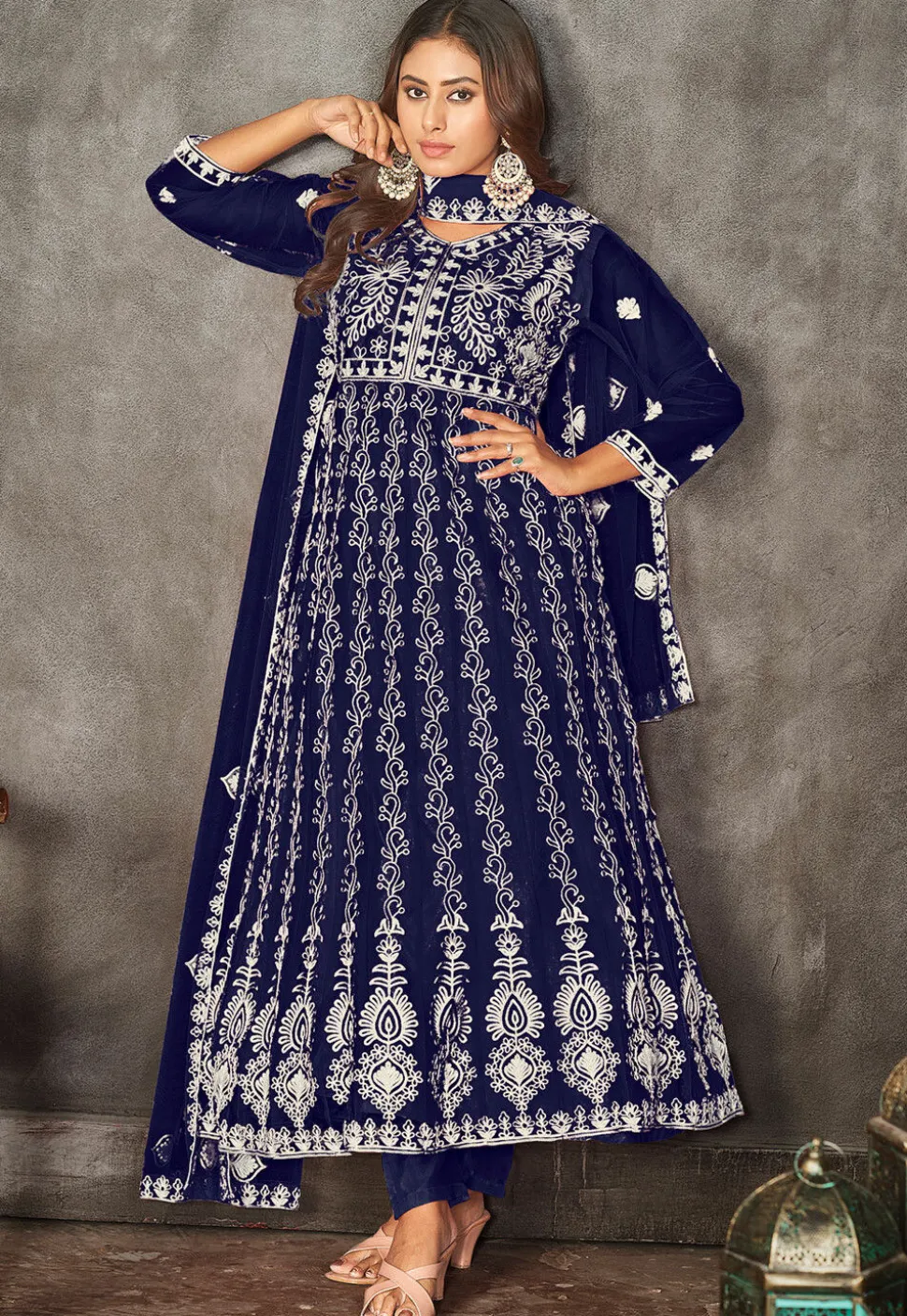 Chikankari Net Anarkali Suit in Navy Blue