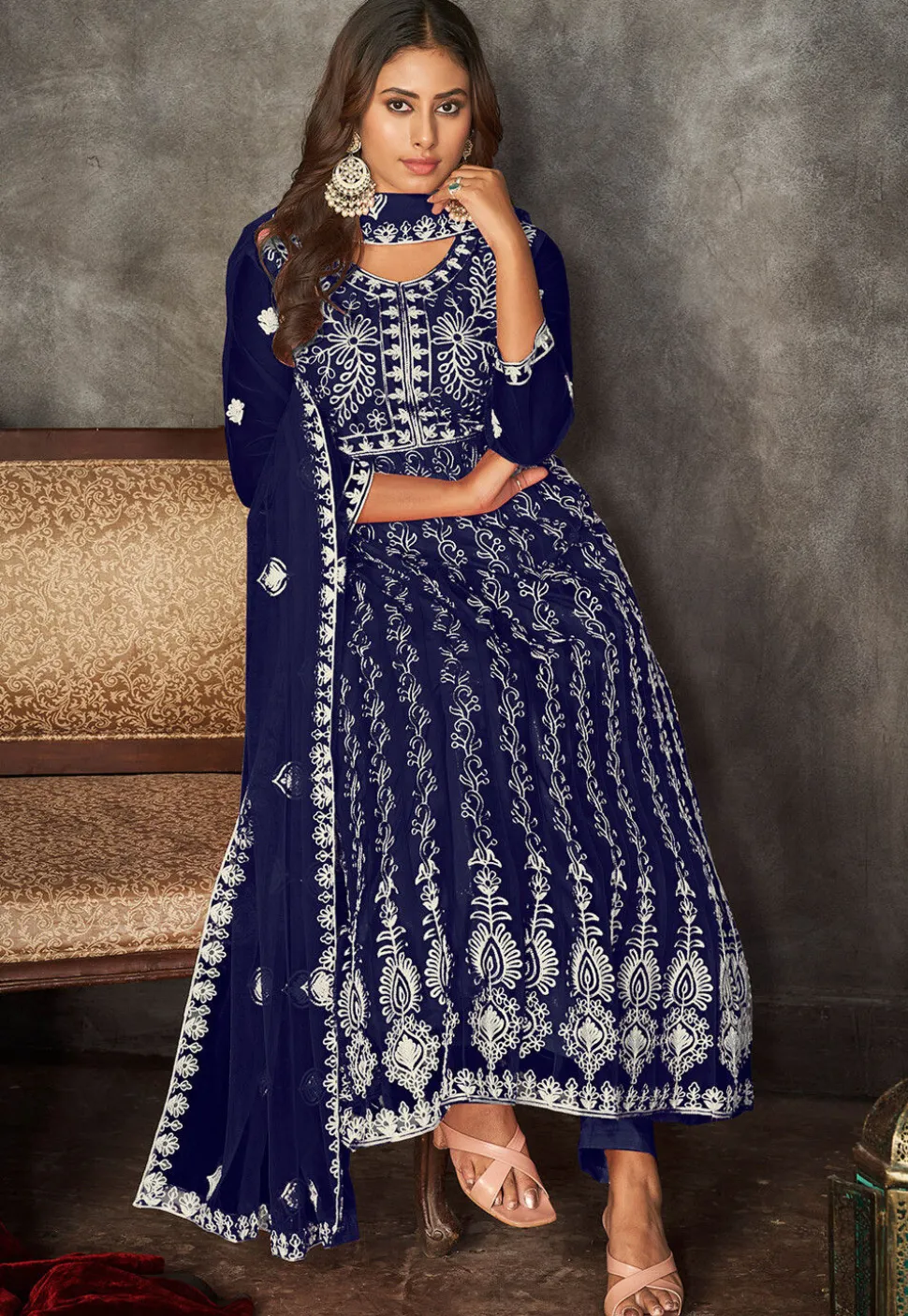 Chikankari Net Anarkali Suit in Navy Blue