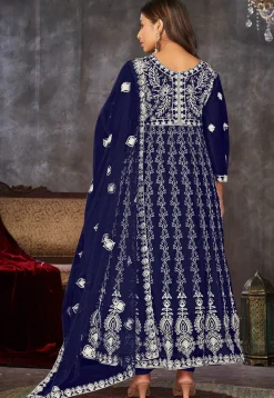 Chikankari Net Anarkali Suit in Navy Blue