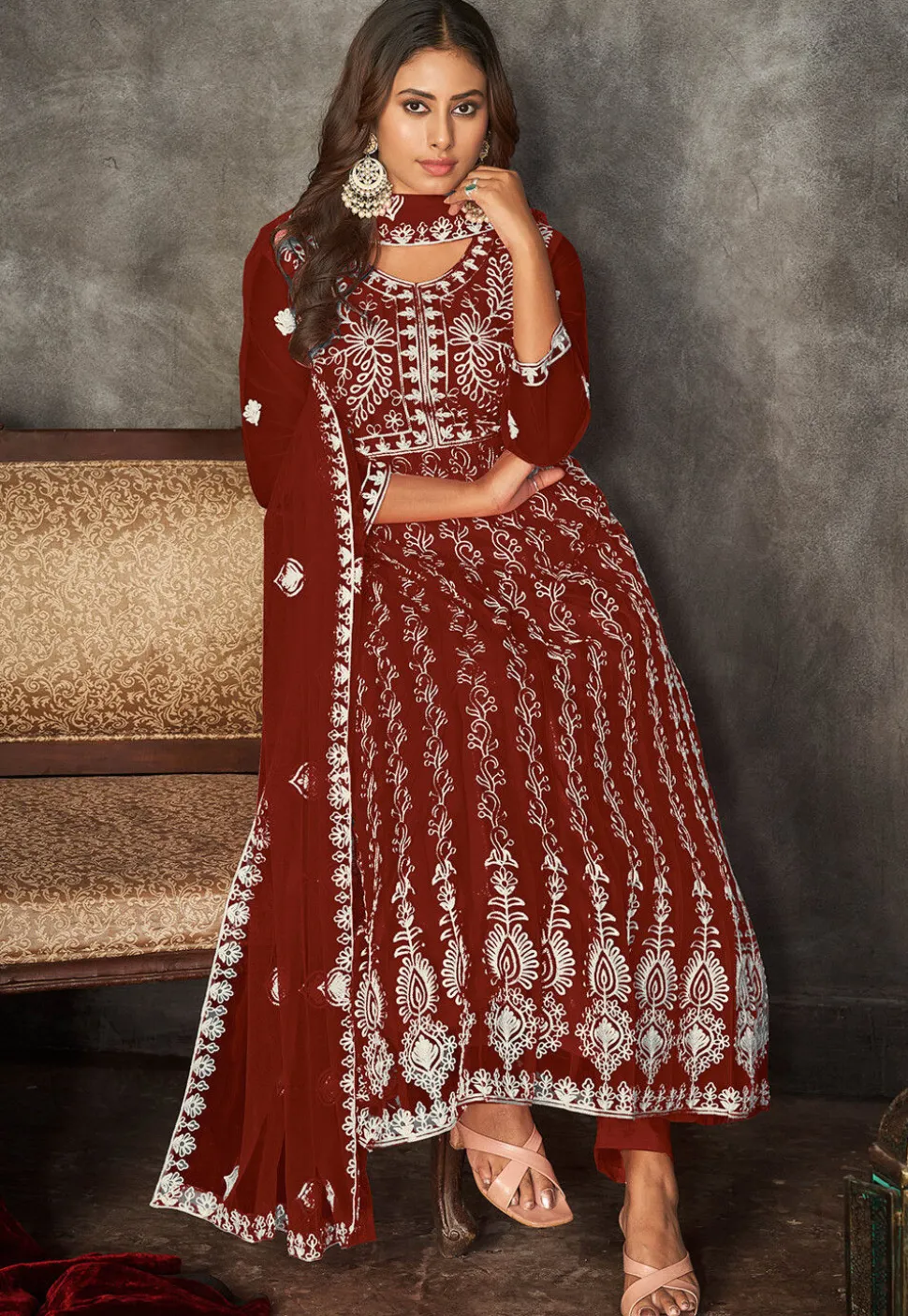 Chikankari Net Anarkali Suit in Maroon