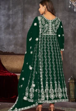 Chikankari Net Anarkali Suit in Dark Green