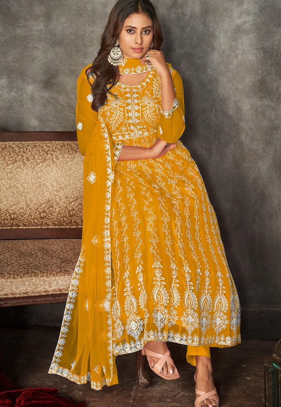 Chikankari Net Anarkali Suit in Mustard