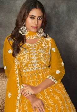 Chikankari Net Anarkali Suit in Mustard