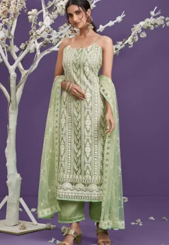 Chikankari Net Pakistani Suit in Pastel Green