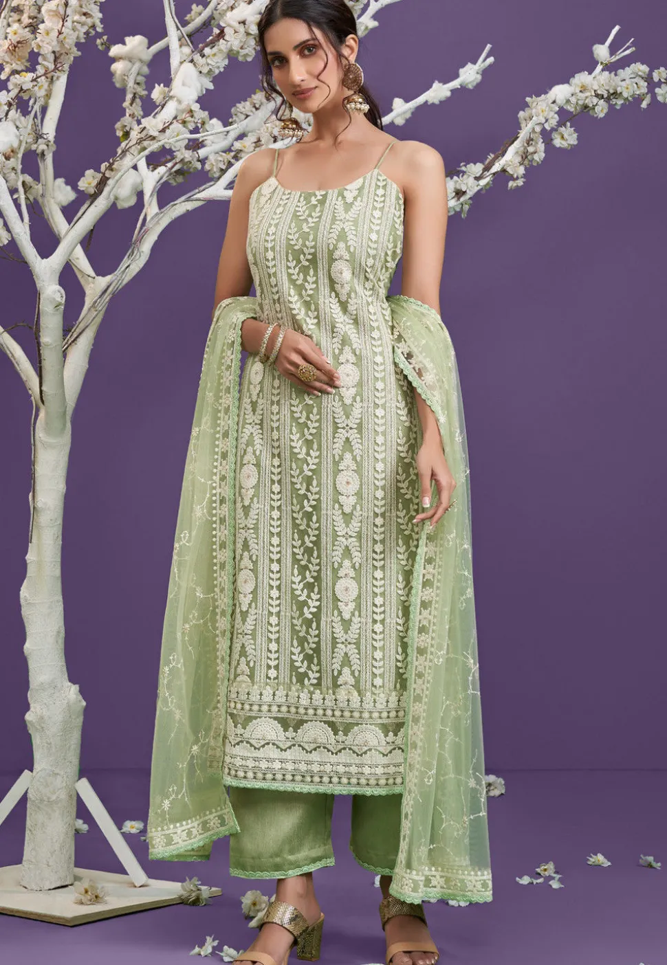 Chikankari Net Pakistani Suit in Pastel Green