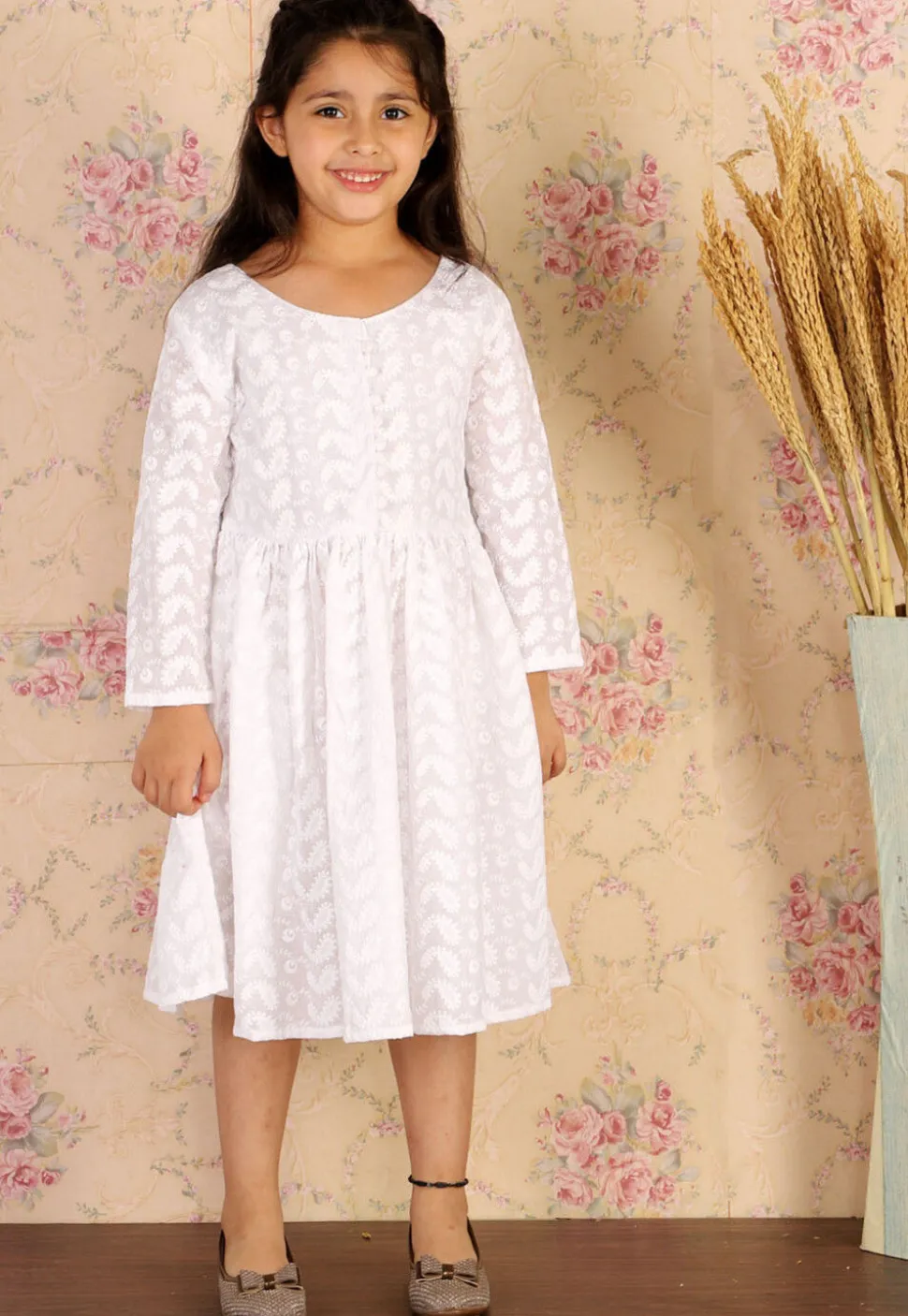 Chikankari Pure Cotton A Line Dress in White