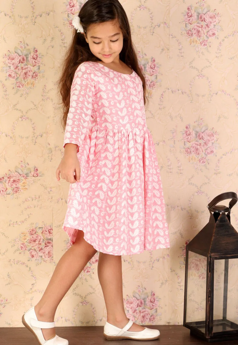 Chikankari Pure Cotton A Line Dress in Peach