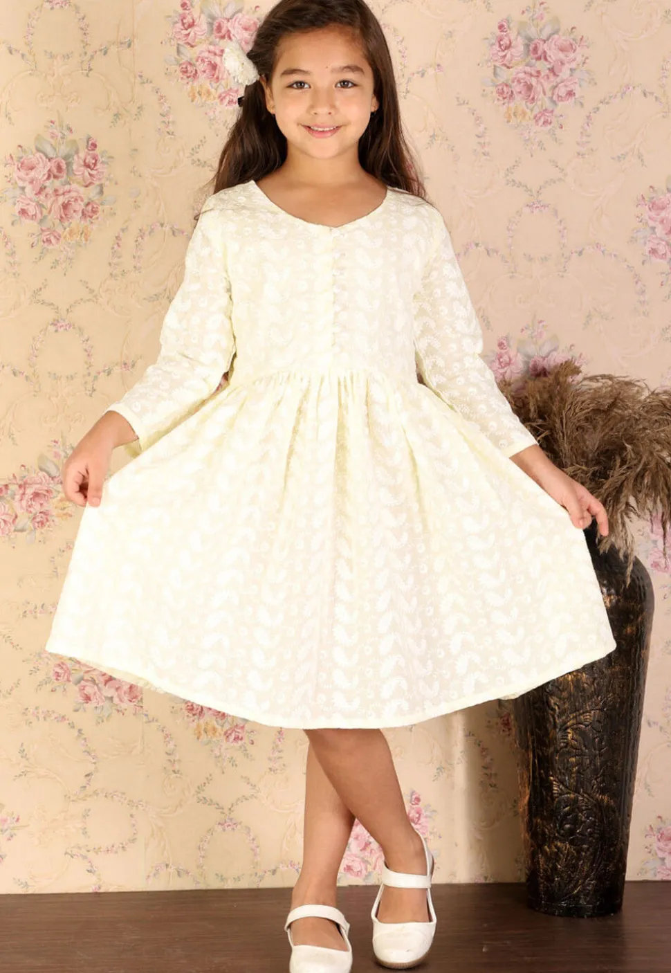 Chikankari Pure Cotton A Line Dress in Light Yellow
