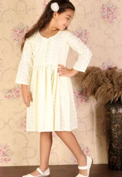 Chikankari Pure Cotton A Line Dress in Light Yellow