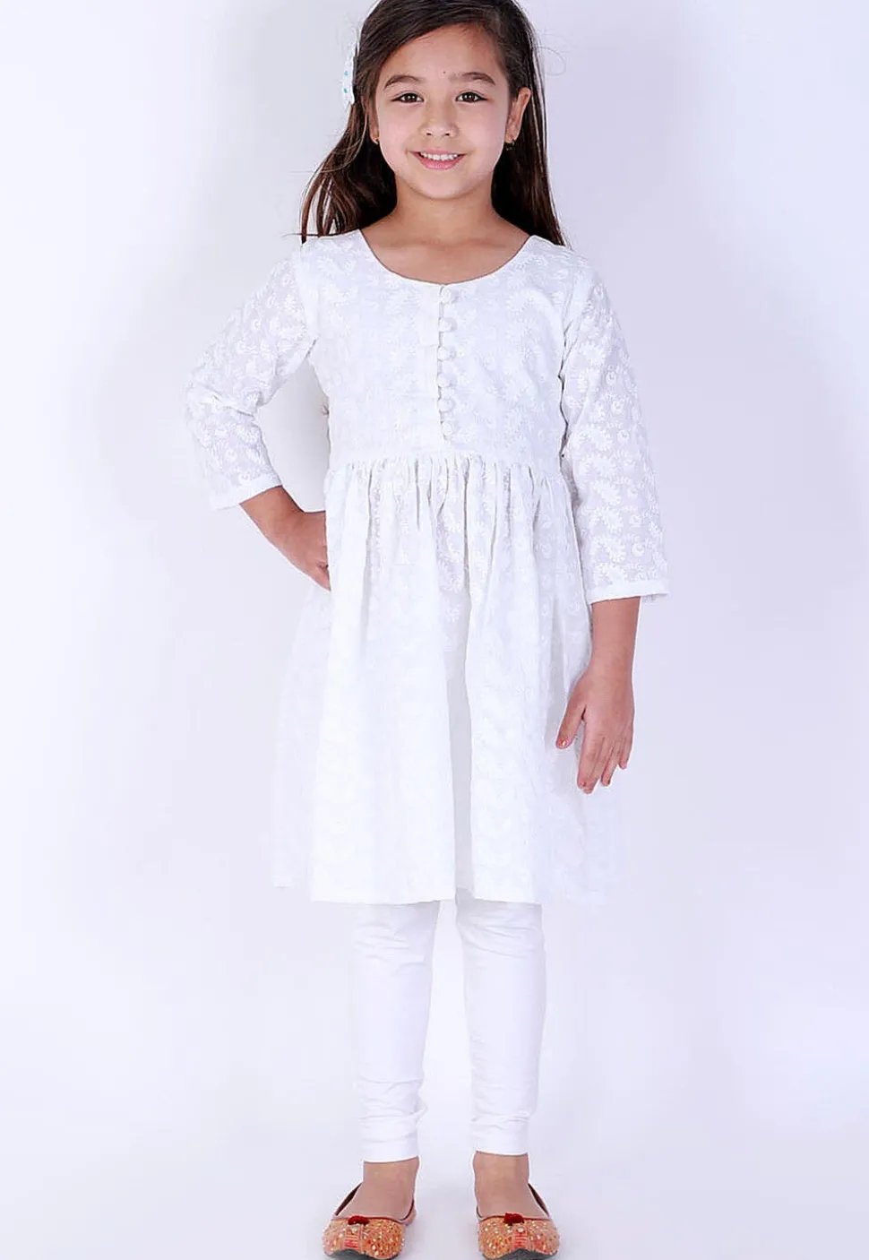 Chikankari Pure Cotton A Line Kurta Set in White