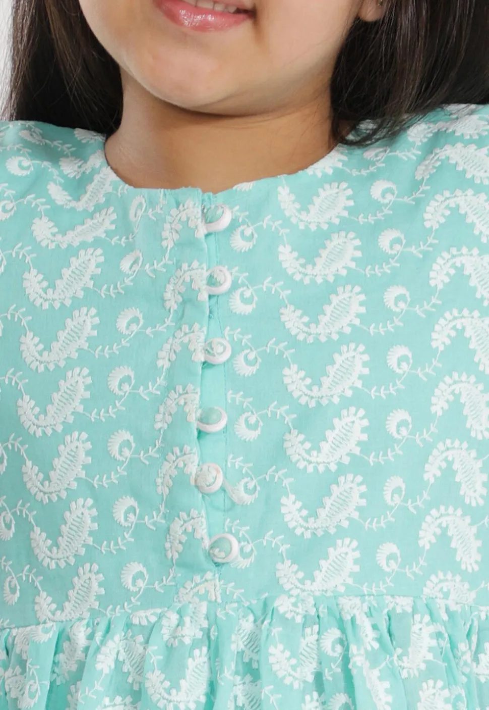 Chikankari Pure Cotton A Line Kurta Set in Turquoise