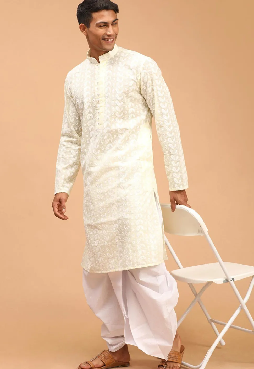 Chikankari Pure Cotton Dhoti Kurta in Cream