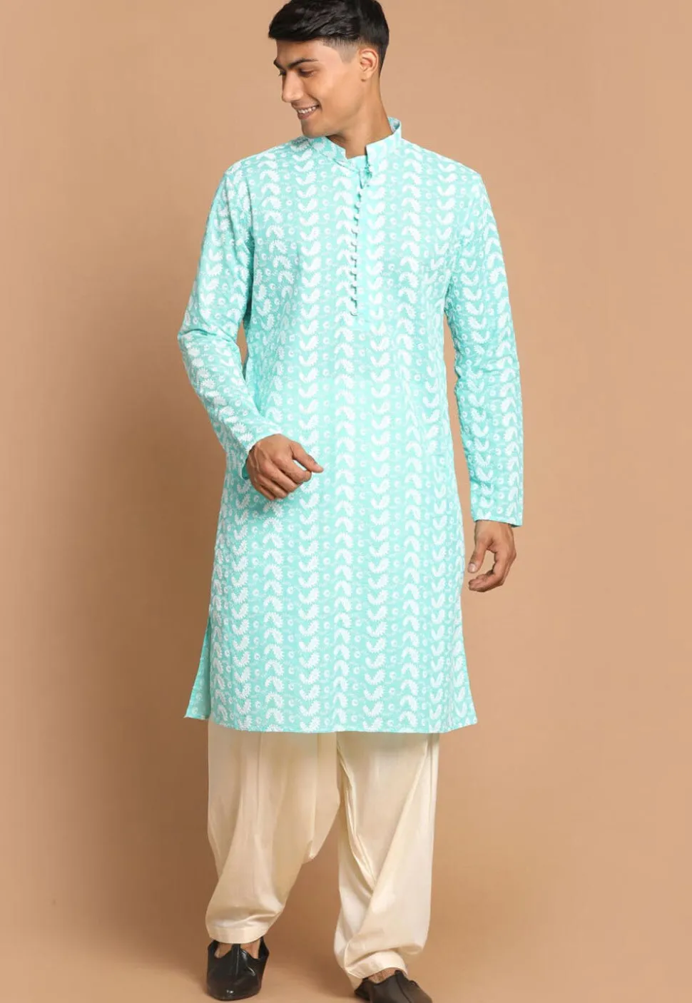 Chikankari Pure Cotton Dhoti Kurta in Sea Green
