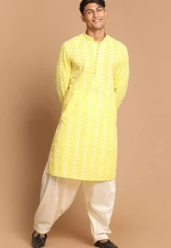 Chikankari Pure Cotton Dhoti Kurta in Yellow