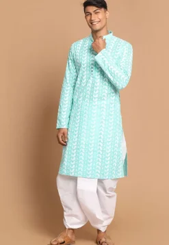 Chikankari Pure Cotton Dhoti Kurta in Sea Green