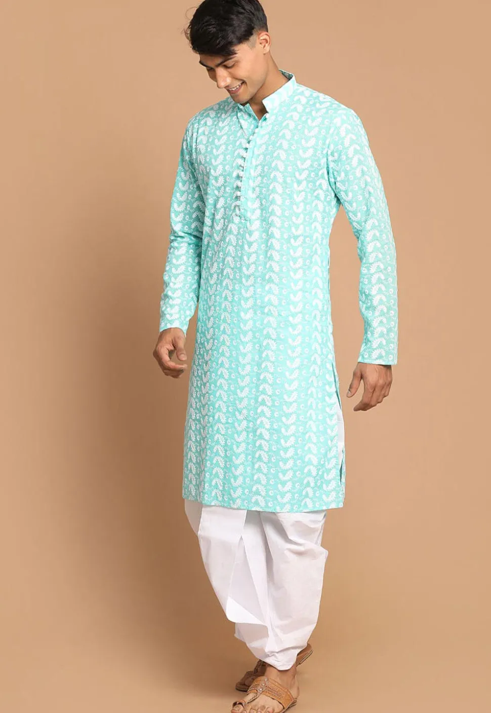 Chikankari Pure Cotton Dhoti Kurta in Sea Green