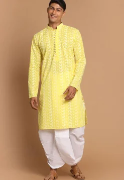 Chikankari Pure Cotton Dhoti Kurta in Yellow