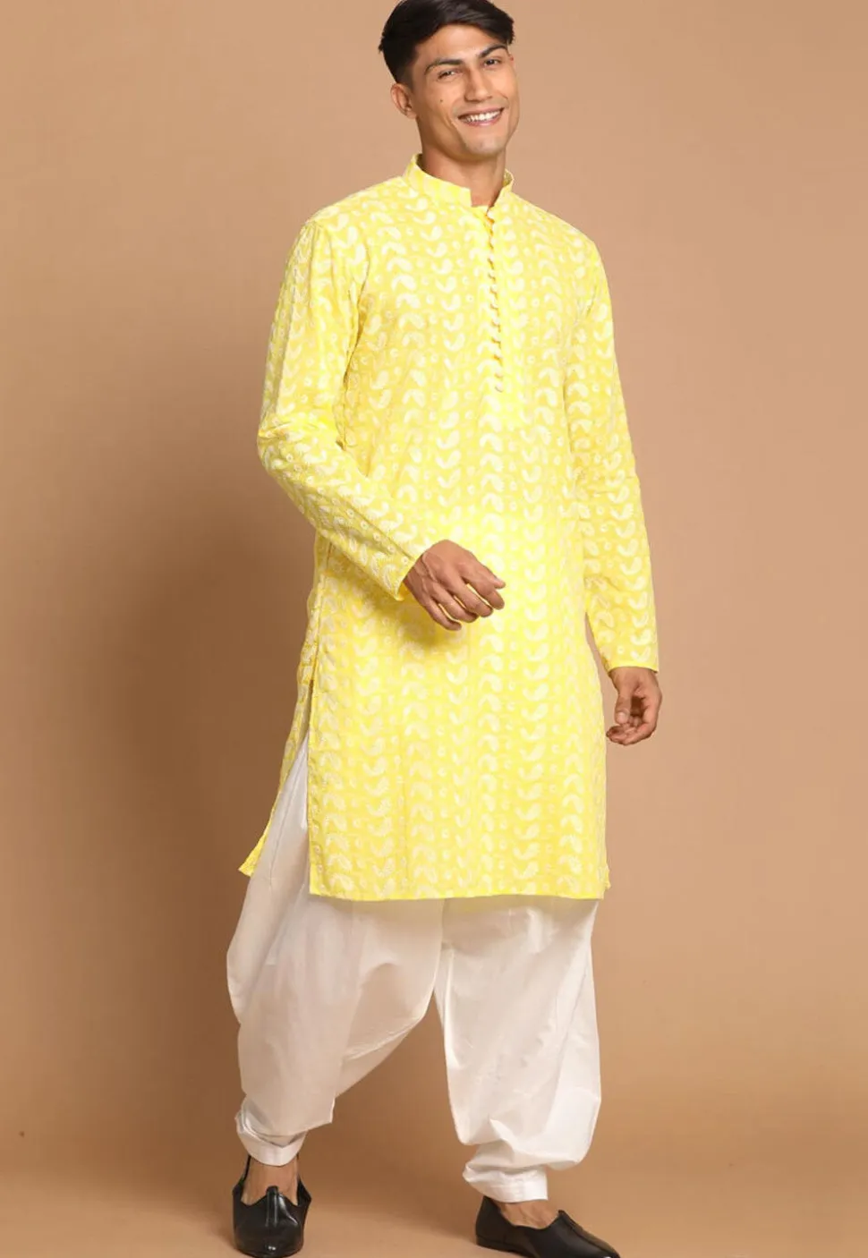 Chikankari Pure Cotton Dhoti Kurta in Yellow