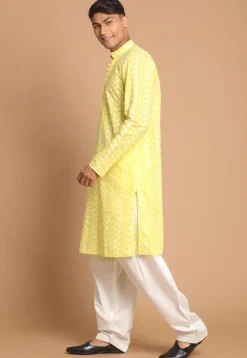 Chikankari Pure Cotton Dhoti Kurta in Yellow