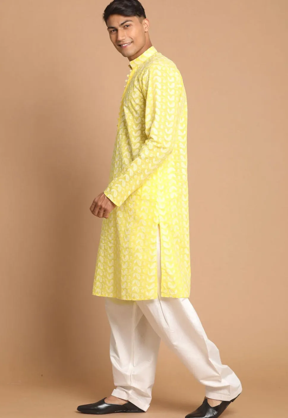 Chikankari Pure Cotton Dhoti Kurta in Yellow