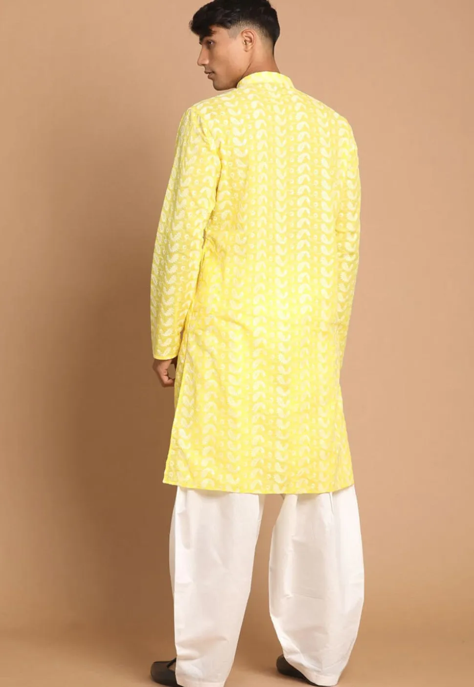 Chikankari Pure Cotton Dhoti Kurta in Yellow