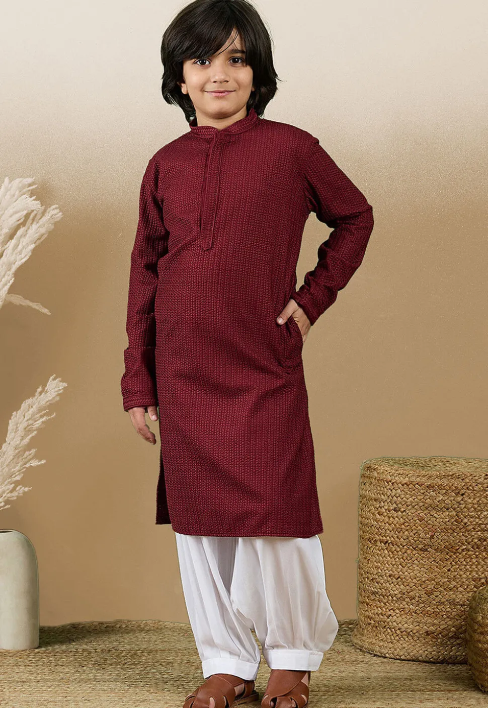 Chikankari Pure Cotton Kurta Set in Maroon