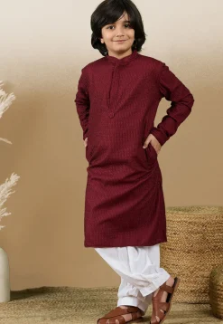 Chikankari Pure Cotton Kurta Set in Maroon