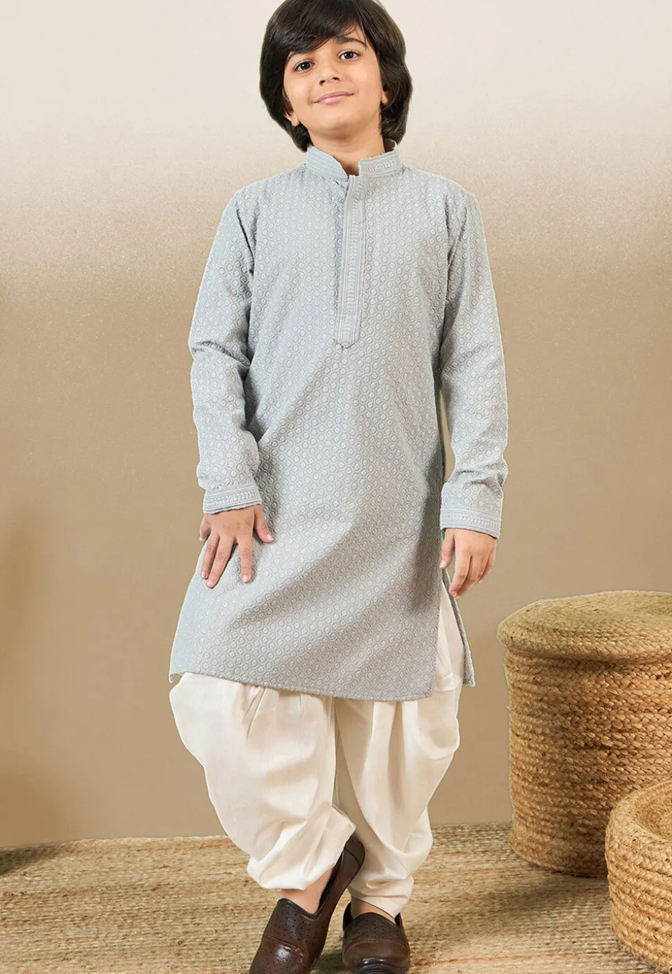Chikankari Pure Cotton Kurta Set in Light Grey