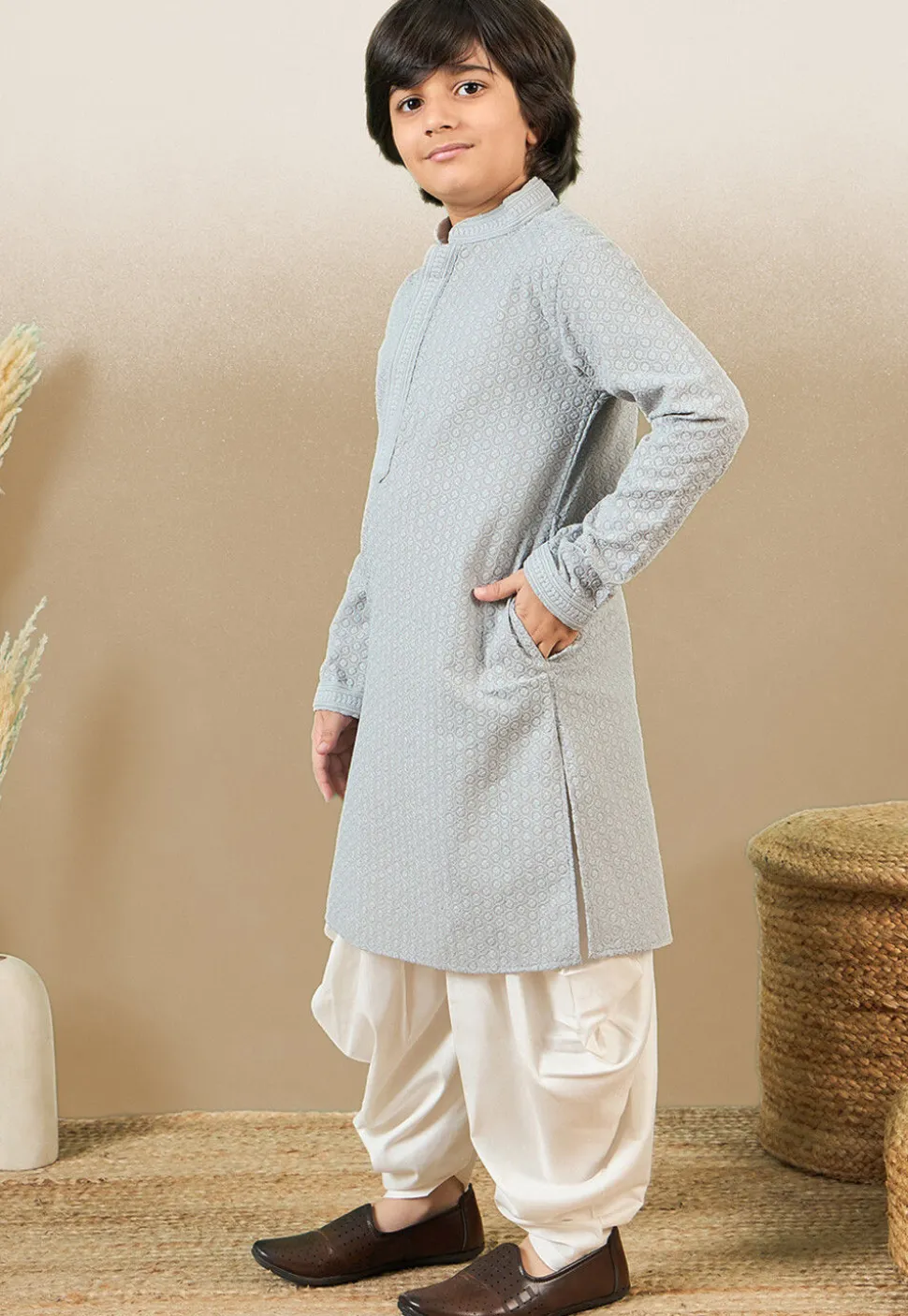 Chikankari Pure Cotton Kurta Set in Light Grey