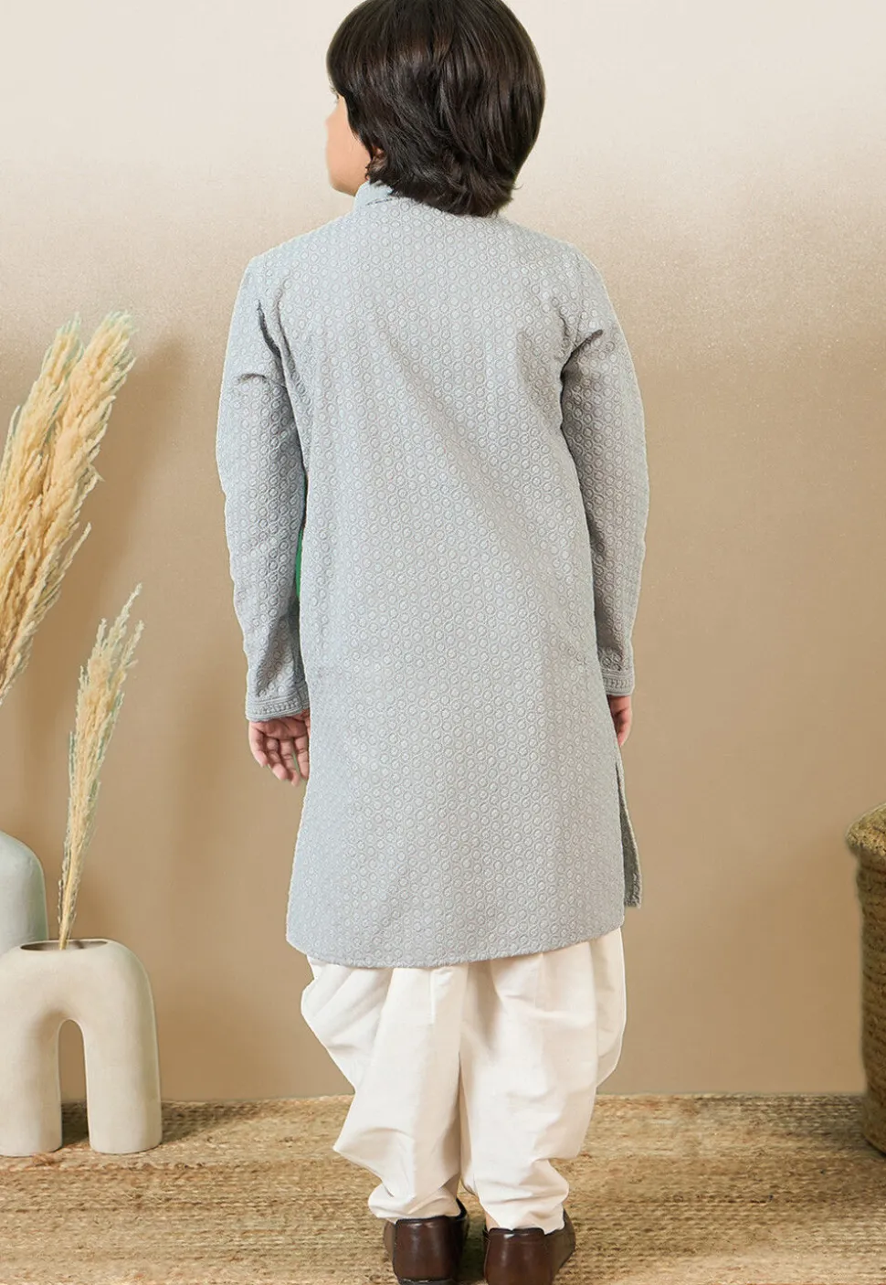 Chikankari Pure Cotton Kurta Set in Light Grey