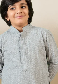 Chikankari Pure Cotton Kurta Set in Light Grey