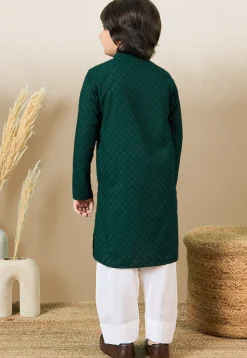 Chikankari Pure Cotton Kurta Set in Dark Green