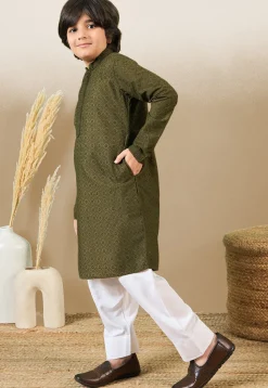 Chikankari Pure Cotton Kurta Set in Olive Green