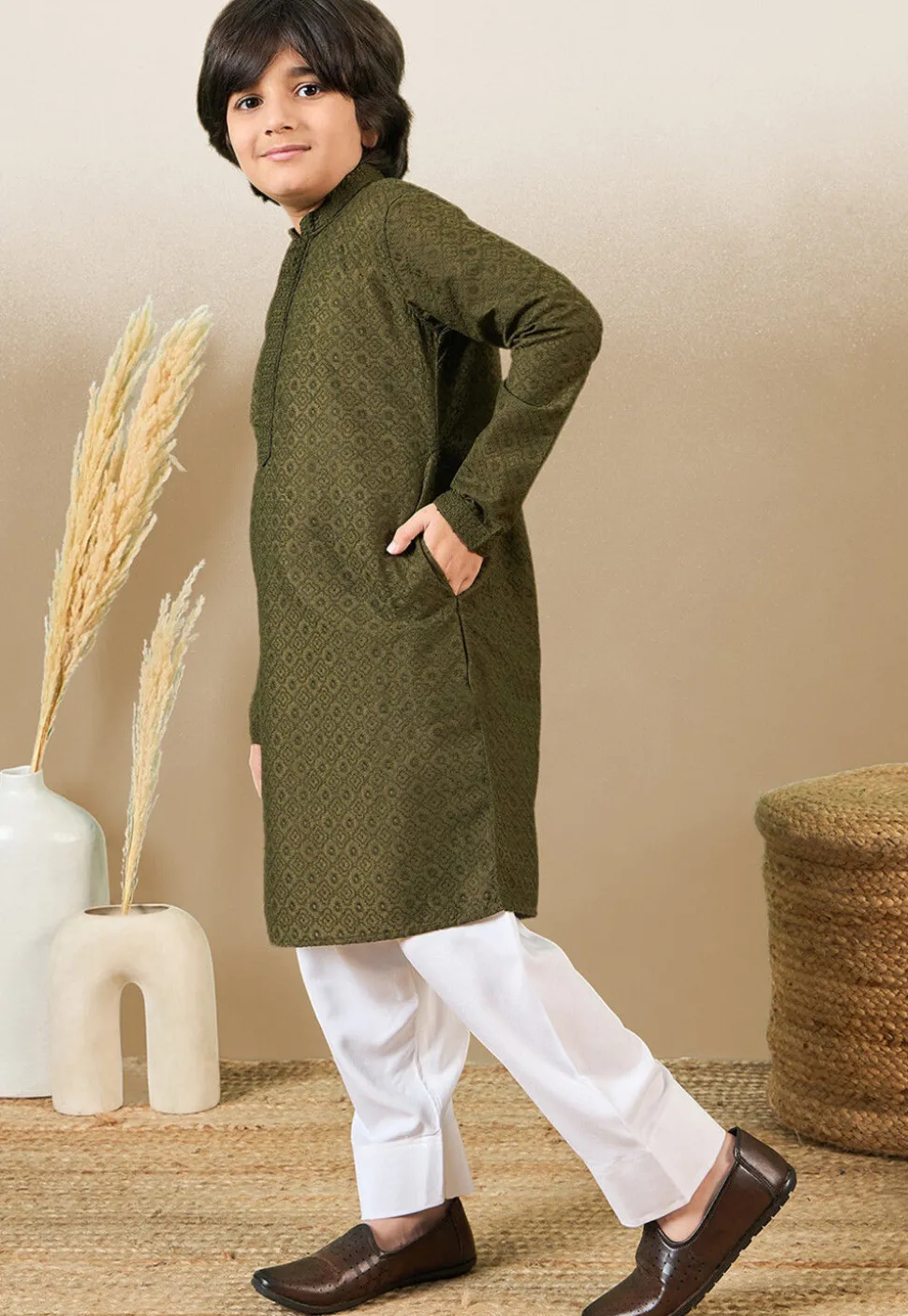 Chikankari Pure Cotton Kurta Set in Olive Green