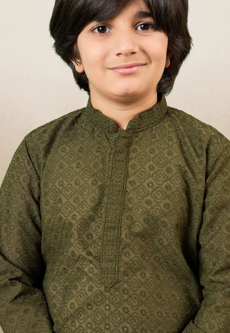 Chikankari Pure Cotton Kurta Set in Olive Green