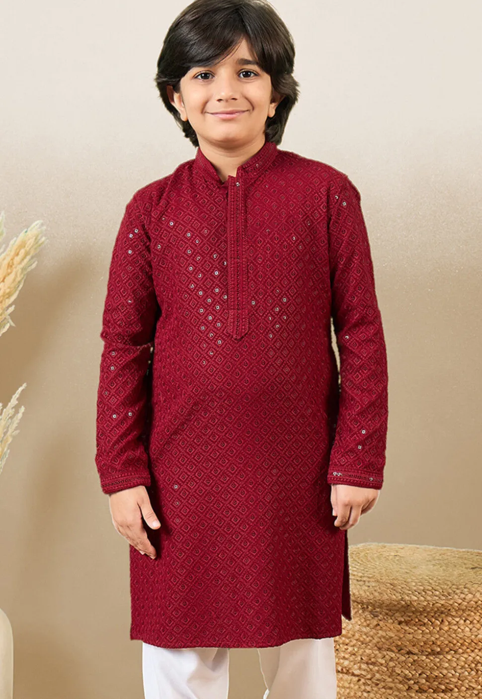 Chikankari Pure Cotton Kurta in Maroon