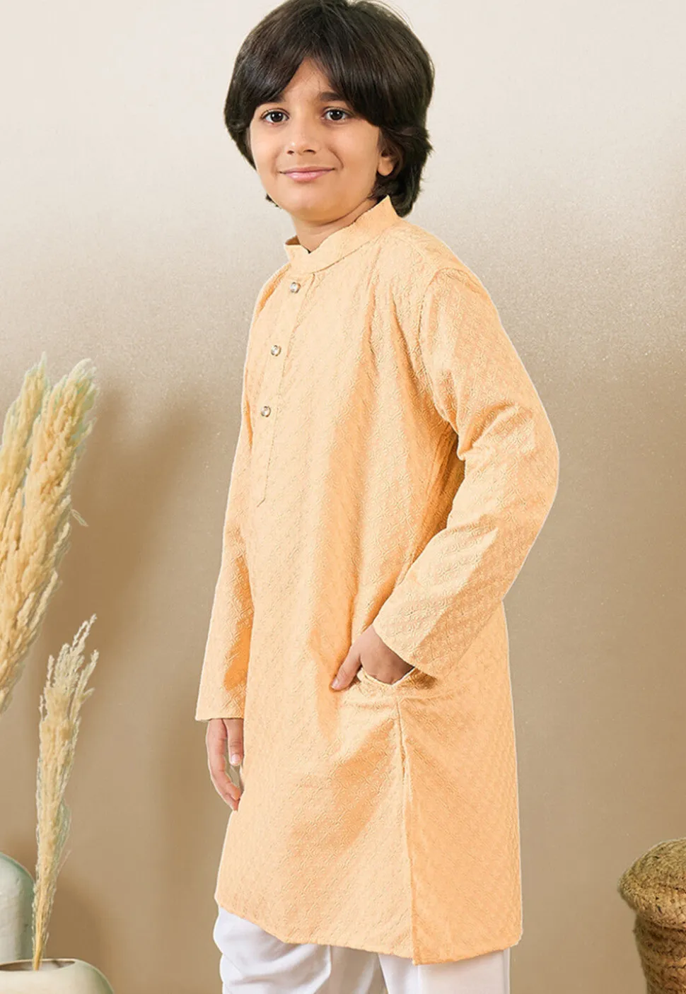 Chikankari Pure Cotton Kurta in Light Peach