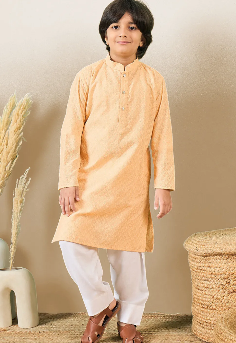 Chikankari Pure Cotton Kurta in Light Peach
