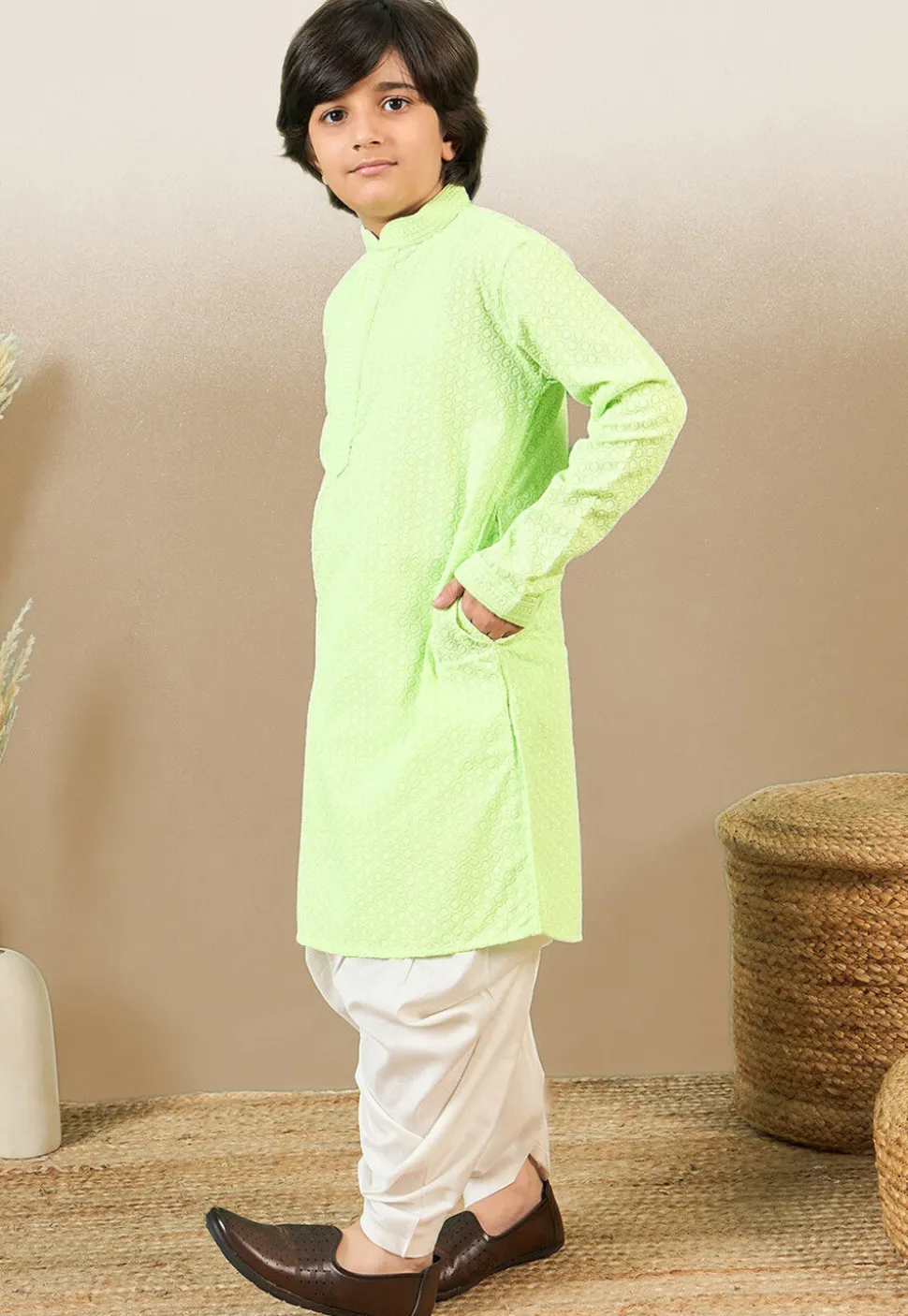 Chikankari Pure Cotton Kurta Set in Light Green